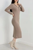 Fermuar detaylı fitilli şardonlu elbise bej a3178 - 3