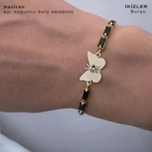 Burca Özel Kelebek Motifli Zincirli Siyah Taş Desenli 14 Ayar Altın Plakalı Hediye Bileklik-343 thumbnail 2