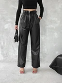 Kendinden ince kemerli deri pantolon siyah t1178 - 3