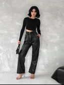 Kendinden ince kemerli deri pantolon siyah t1178 - 5