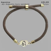 Doğum Ayına Özel 14 Ayar Altın Plakalı Kalp Motifli Kahverengi İpek Örgülü Hediye Bileklik-347 thumbnail 1