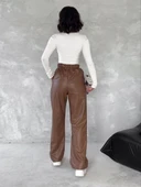 Kendinden ince kemerli deri pantolon kahve t1178 - 4