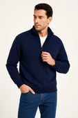 Erkek Dik Yaka Sweatshirt Dik Yaka Yarım Fermuarlı 3 İplik Şardonlu Pamuk Kumaş - Lacivert - 1