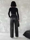 Kendinden ince kemerli deri pantolon siyah t1178 - 4