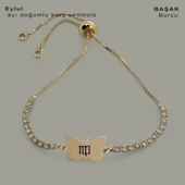 Doğum Ayına Özel 14 Ayar Altın Plakalı Kelebek Figürlü Zincirli Beyaz Taş Desenli Hediye Bileklik-342 thumbnail 1