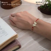 Doğum Ayına Özel 14 Ayar Altın Plakalı Kelebek Figürlü Zincirli Kırmızı Taş Desenli Hediye Bileklik-346 thumbnail 1