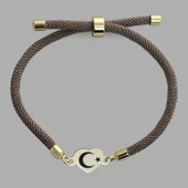 Sembole Özel Kahverengi İpek Örgülü 14 Ayar Altın Plakalı Kalp Motifli Hediye Bileklik-347 thumbnail 1