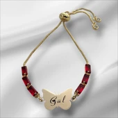 İsme Özel Kelebek Figürlü Zincirli Kırmızı Taş Desenli 14 Ayar Altın Plakalı Hediye Bileklik-346 thumbnail 2