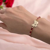 İsme Özel Kelebek Figürlü Zincirli Kırmızı Taş Desenli 14 Ayar Altın Plakalı Hediye Bileklik-346 thumbnail 1