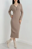 Fermuar detaylı fitilli şardonlu elbise bej a3178 - 2