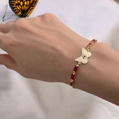 Harfe Özel 14 Ayar Altın Plakalı Kelebek Figürlü Zincirli Kırmızı Taş Desenli Hediye Bileklik-346 thumbnail 1