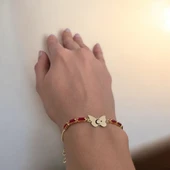 Sembole Özel Zincirli Kırmızı Taş Desenli 14 Ayar Altın Plakalı Kelebek Figürlü Hediye Bileklik-346 thumbnail 1