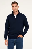Erkek Dik Yaka Sweatshirt Dik Yaka Yarım Fermuarlı 3 İplik Şardonlu Pamuk Kumaş - Lacivert - 4