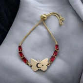 Sembole Özel Zincirli Kırmızı Taş Desenli 14 Ayar Altın Plakalı Kelebek Figürlü Hediye Bileklik-346 thumbnail 2