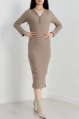 Fermuar detaylı fitilli şardonlu elbise bej a3178 - 1