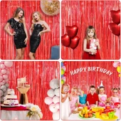 Kırmızı Metalize Parlak Saçaklı Perde - 3