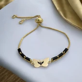 Sembole Özel Zincirli Siyah Taş Desenli 14 Ayar Altın Plakalı Kelebek Motifli Hediye Bileklik-343 thumbnail 1