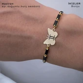 Doğum Ayına Özel 14 Ayar Altın Plakalı Kelebek Motifli Zincirli Siyah Taş Desenli Hediye Bileklik-343 thumbnail 2