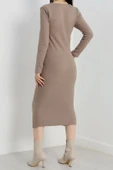Fermuar detaylı fitilli şardonlu elbise bej a3178 - 7