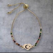 Sembole Özel Zincirli Renkli Taş Desenli 14 Ayar Altın Plakalı Kalp Figürlü Hediye Bileklik-348 thumbnail 1