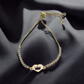 Sembole Özel Zincirli Beyaz Taş Desenli 14 Ayar Altın Plakalı Kalp Figürlü Hediye Bileklik-350 thumbnail 1