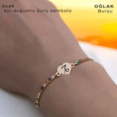 Doğum Ayına Özel 14 Ayar Altın Plakalı Kalp Figürlü Zincirli Renkli Taş Desenli Hediye Bileklik-348 thumbnail 2