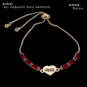 Doğum Ayına Özel 14 Ayar Altın Plakalı Kalp Motifli Zincirli Kırmızı Taş Desenli Hediye Bileklik-349 thumbnail 2