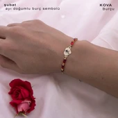 Burca Özel Kalp Motifli Zincirli Kırmızı Taş Desenli 14 Ayar Altın Plakalı Hediye Bileklik-349 thumbnail 1