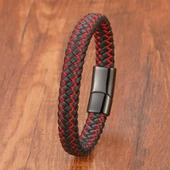 Kırmızı Siyah Deri Örgü Çelik Bileklik 31833B4D2 thumbnail 2