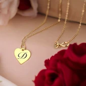 Harfe Özel 14 Ayar Altın Plakalı Kalp Motifli Sevgililer Günü İçin Hediyelik Kolye-352 thumbnail 1
