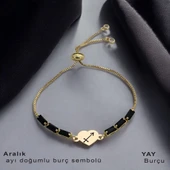 Doğum Ayına Özel 14 Ayar Altın Plakalı Kalp Motifli Zincirli Siyah Taş Desenli Hediye Bileklik-351 - 1