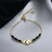 Sembole Özel Zincirli Siyah Taş Desenli 14 Ayar Altın Plakalı Kalp Motifli Hediye Bileklik-351 thumbnail 1