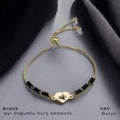 Burca Özel Kalp Motifli Zincirli Siyah Taş Desenli 14 Ayar Altın Plakalı Hediye Bileklik-351 thumbnail 1