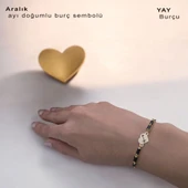 Doğum Ayına Özel 14 Ayar Altın Plakalı Kalp Motifli Zincirli Siyah Taş Desenli Hediye Bileklik-351 - 2