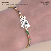 Burca Özel Kuş Motifli Zincirli Renkli Taş Desenli 14 Ayar Altın Plakalı Hediye Bileklik-353 thumbnail 2