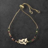 Sembole Özel Zincirli Renkli Taş Desenli 14 Ayar Altın Plakalı Kuş Motifli Hediye Bileklik-353 thumbnail 1