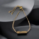 İsme Özel Dikdörtgen Motifli Zincirli Beyaz Taş Desenli 14 Ayar Altın Plakalı Hediye Bileklik-355 thumbnail 1