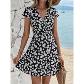 Lucky Life Kadın Kısa Kollu Kruvaze Yaka Papatya Baskılı Krep Elbise thumbnail 9