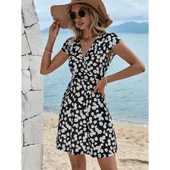 Lucky Life Kadın Kısa Kollu Kruvaze Yaka Papatya Baskılı Krep Elbise thumbnail 4