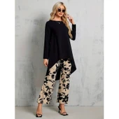 Lucky Life Kadın Uzun Kollu Bisiklet Yaka Asimetrik Kesim Detaylı Viskon Bluz Ve çiçek Desenli Iki Iplik Pantolon - 4