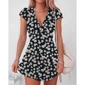 Lucky Life Kadın Kısa Kollu Kruvaze Yaka Papatya Baskılı Krep Elbise thumbnail 1