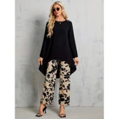 Lucky Life Kadın Uzun Kollu Bisiklet Yaka Asimetrik Kesim Detaylı Viskon Bluz Ve çiçek Desenli Iki Iplik Pantolon - 1