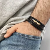 Sembole Özel Hakiki Siyah Derili 14 Ayar Altın Plakalı Dikdörtgen Motifli Hediye Bileklik-354 thumbnail 1