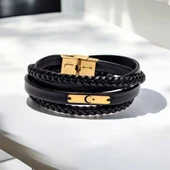 Sembole Özel Hakiki Siyah Derili 14 Ayar Altın Plakalı Dikdörtgen Motifli Hediye Bileklik-354 thumbnail 2