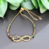 İsme Özel Sonsuzluk ve Kelebek Motifli Zincirli Renkli Taş Desenli 14 Ayar Altın Plakalı Hediye Bileklik-358 thumbnail 2
