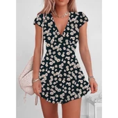 Lucky Life Kadın Kısa Kollu Kruvaze Yaka Papatya Baskılı Krep Elbise thumbnail 2