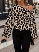 Lucky Life Kadın Uzun Kollu Tek Omuzu Açık Tokalı Leopar Desenli Modal Bluz thumbnail 3