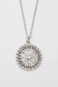 Viking Pusula Kolye (Vegvisir) - Düz Ezme İthal Zincirli Unisex Gümüş Kaplama - 60 cm thumbnail 1