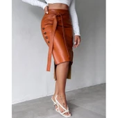 Lucky Life Kadın Yüksek Bel Kuşaklı Yanlardan Düğmeli Mini Deri Etek - 3