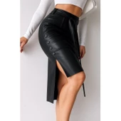 Lucky Life Kadın Yüksek Bel Kuşaklı Yanlardan Düğmeli Mini Deri Etek - 2